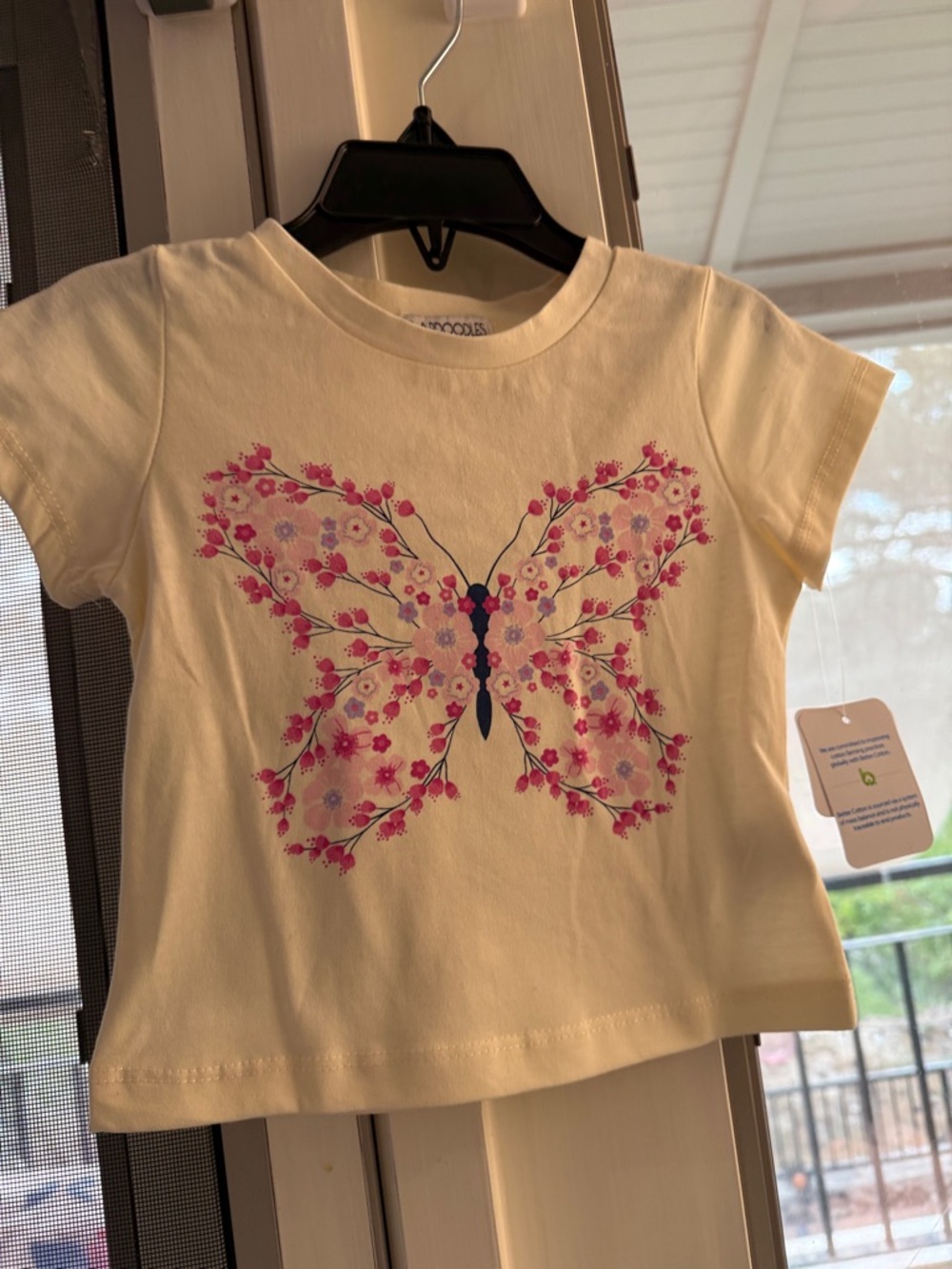 Flapdoodles Cream Tee with Pink Floral Butterfly - crop top